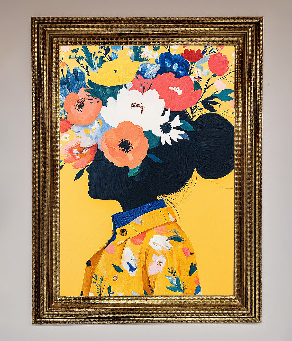 Floral Explosion Yellow Framed Print in elegant frame showcasing vibrant nature-inspired artwork.