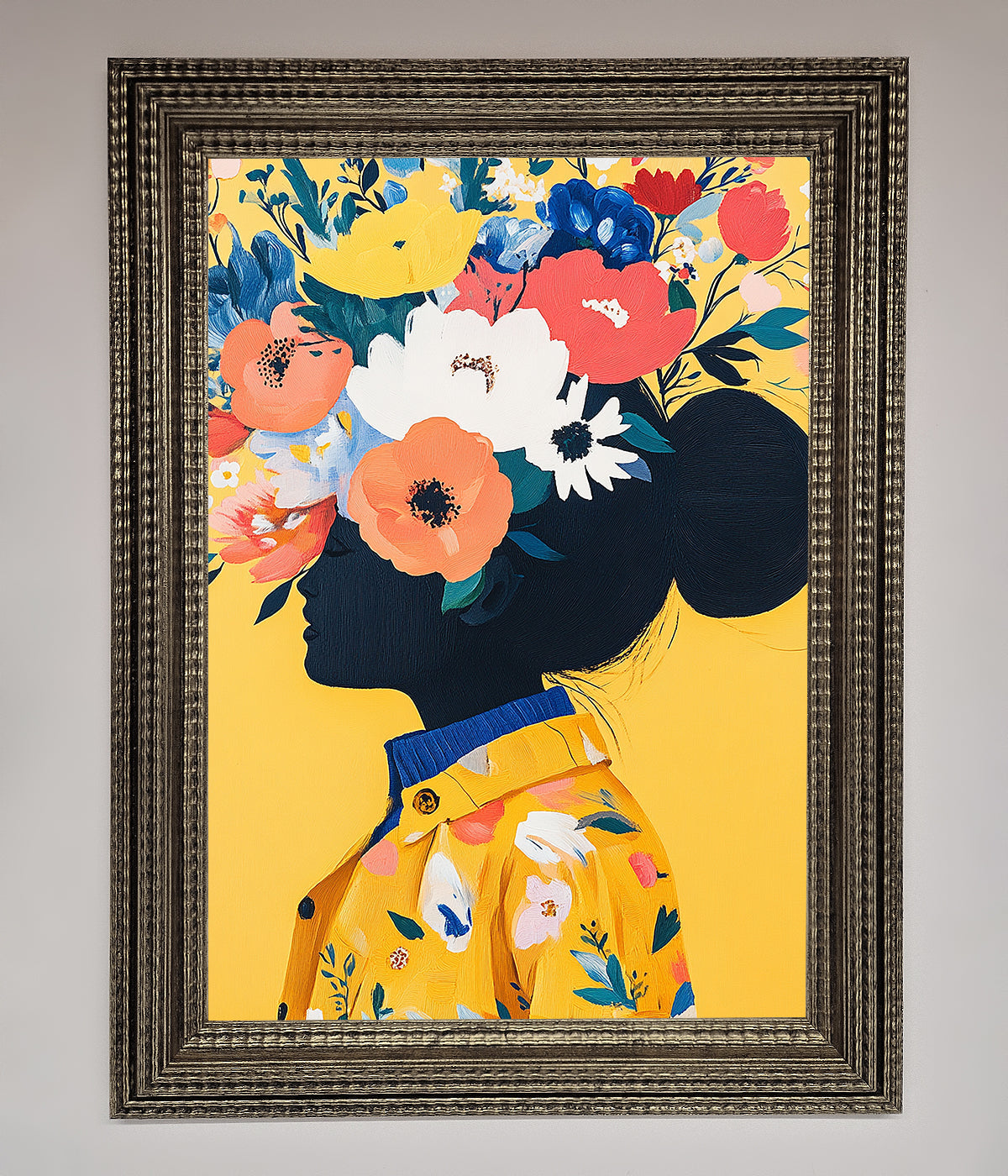 Floral Explosion Yellow framed print with vibrant floral design and elegant frame.