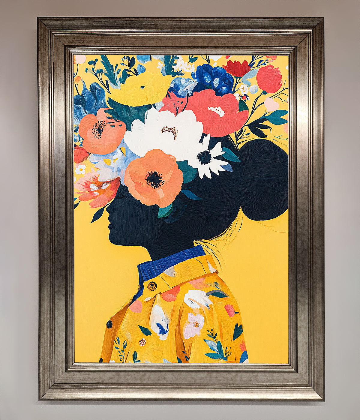 Floral Explosion Yellow framed print with vibrant flowers on yellow background.