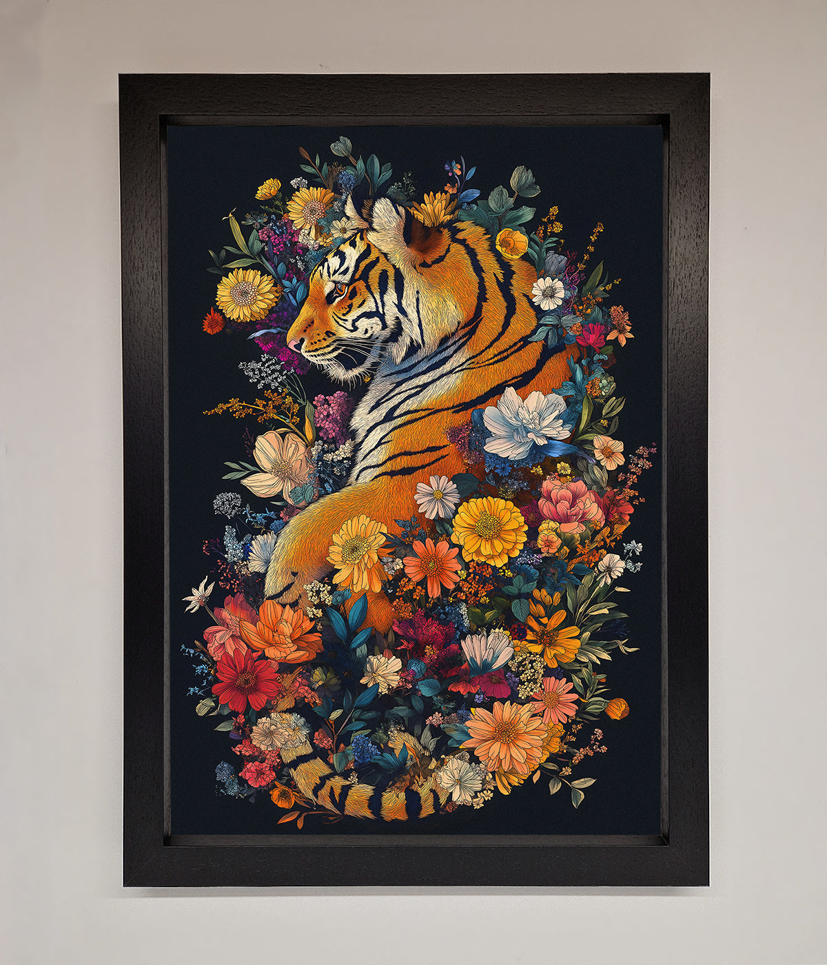 Floral Garden Tiger framed wall art featuring vibrant flowers and a majestic tiger.