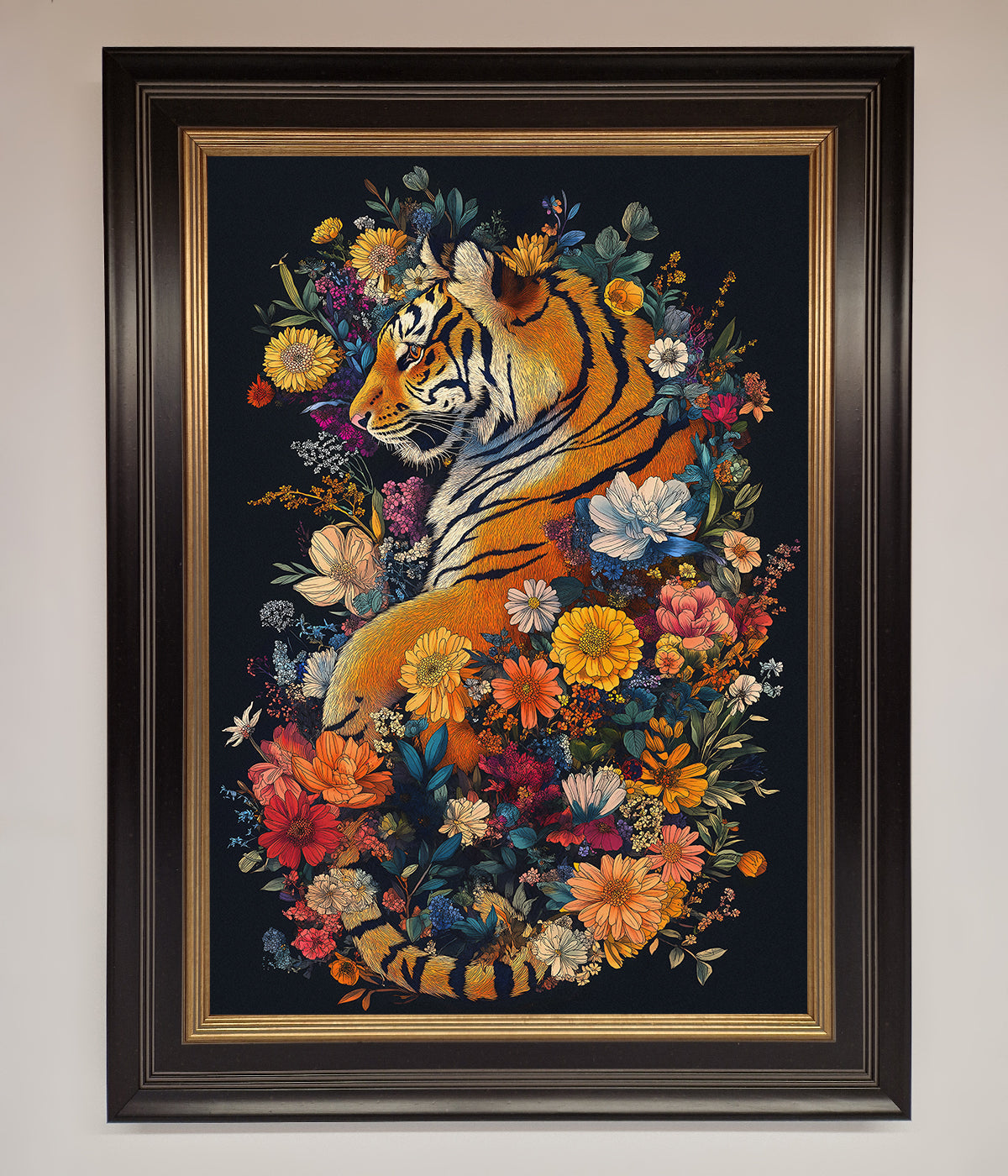 Floral Garden Tiger framed wall art featuring a tiger amidst colorful flowers.