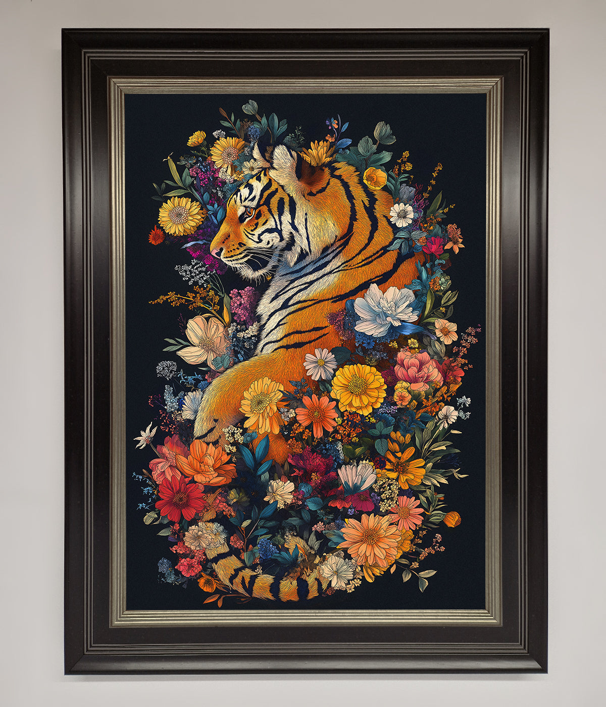 Floral Garden Tiger framed wall art with intricate nature and wildlife design.