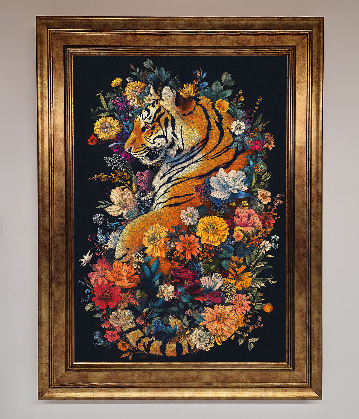 Floral Garden Tiger framed wall art featuring intricate design of tiger amidst vibrant flowers.