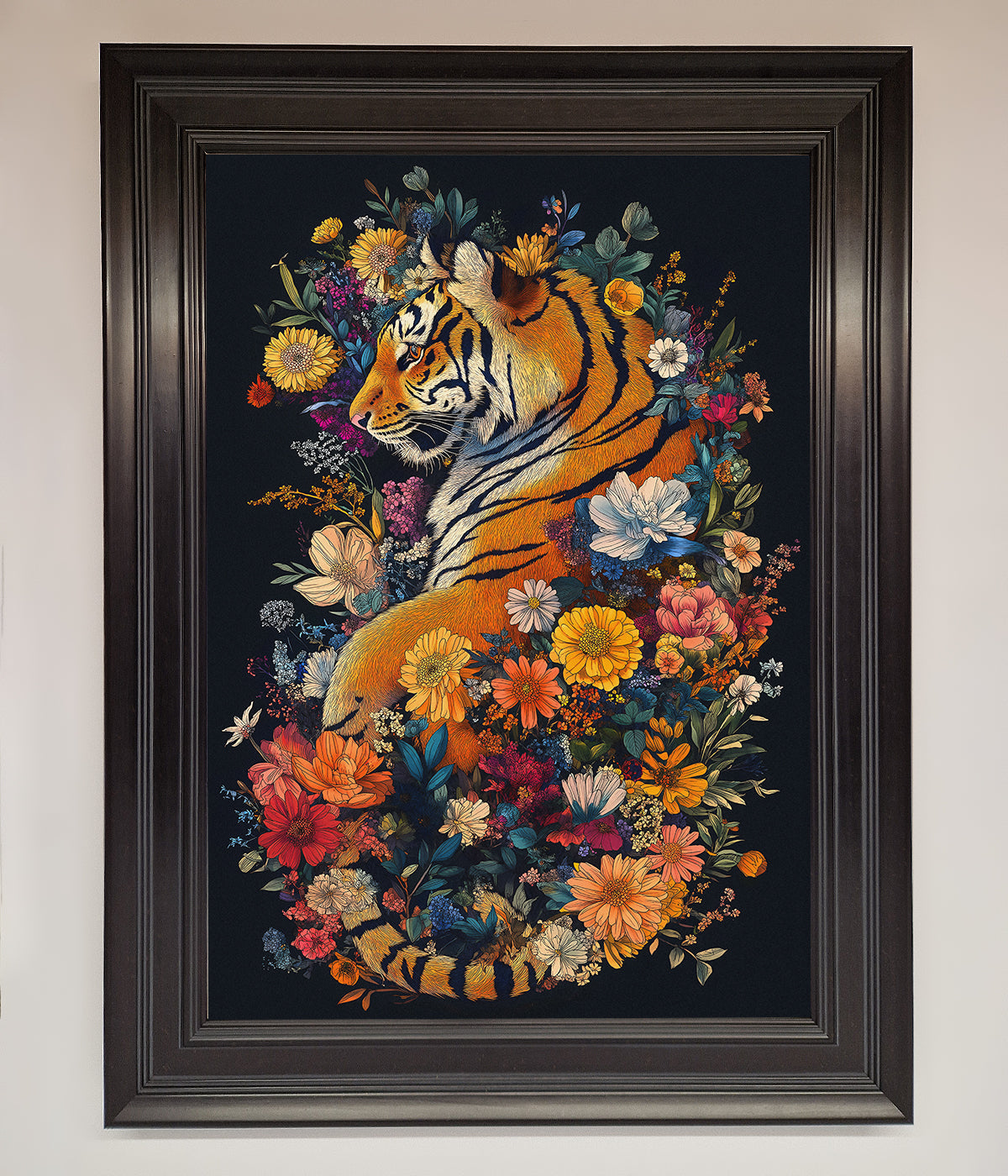 Floral Garden Tiger Framed Wall Art with intricate nature and wildlife design.