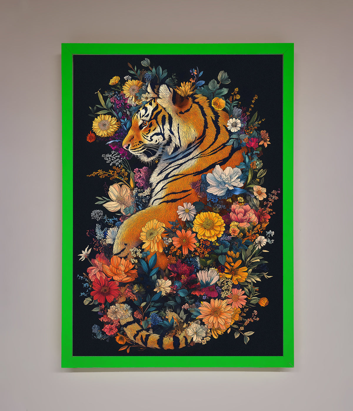 Floral Garden Tiger Framed Wall Art with intricate nature and wildlife design.