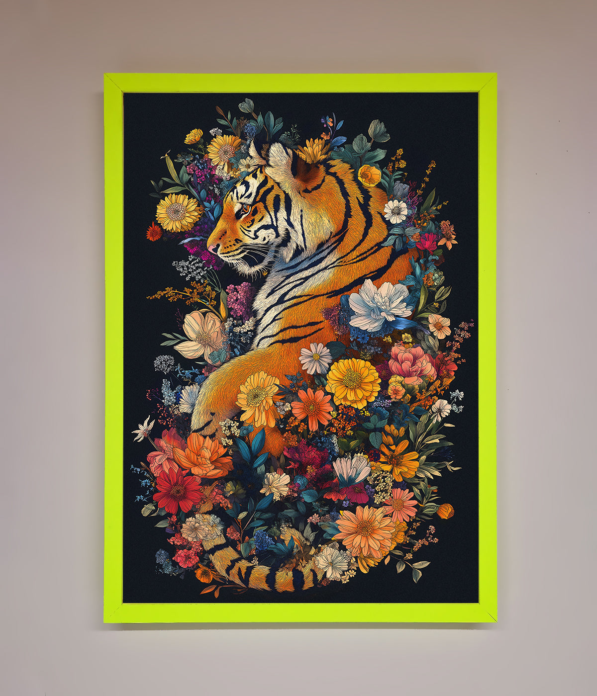 Floral Garden Tiger framed wall art with intricate floral and wildlife design.