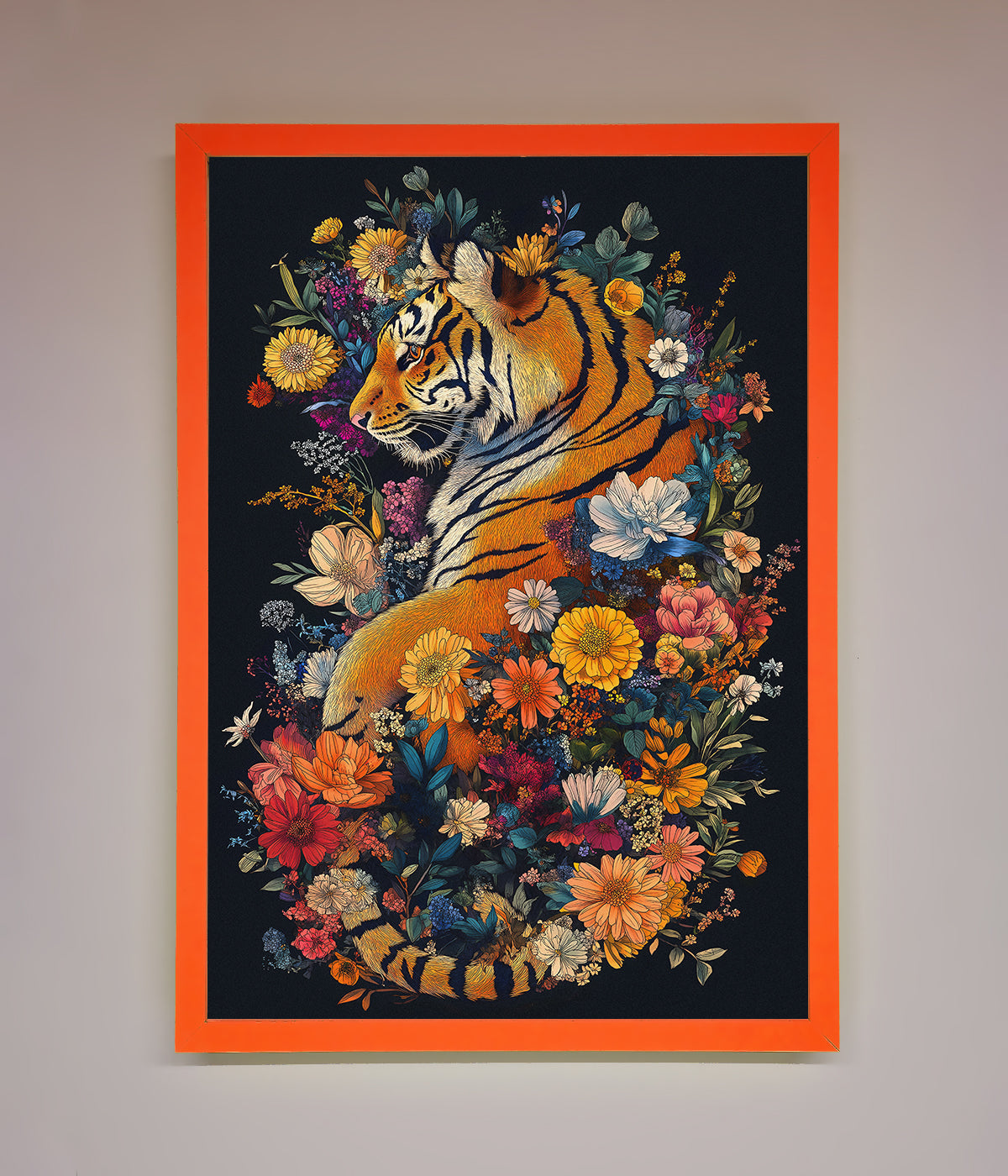 Floral Garden Tiger framed wall art blending nature and wildlife.