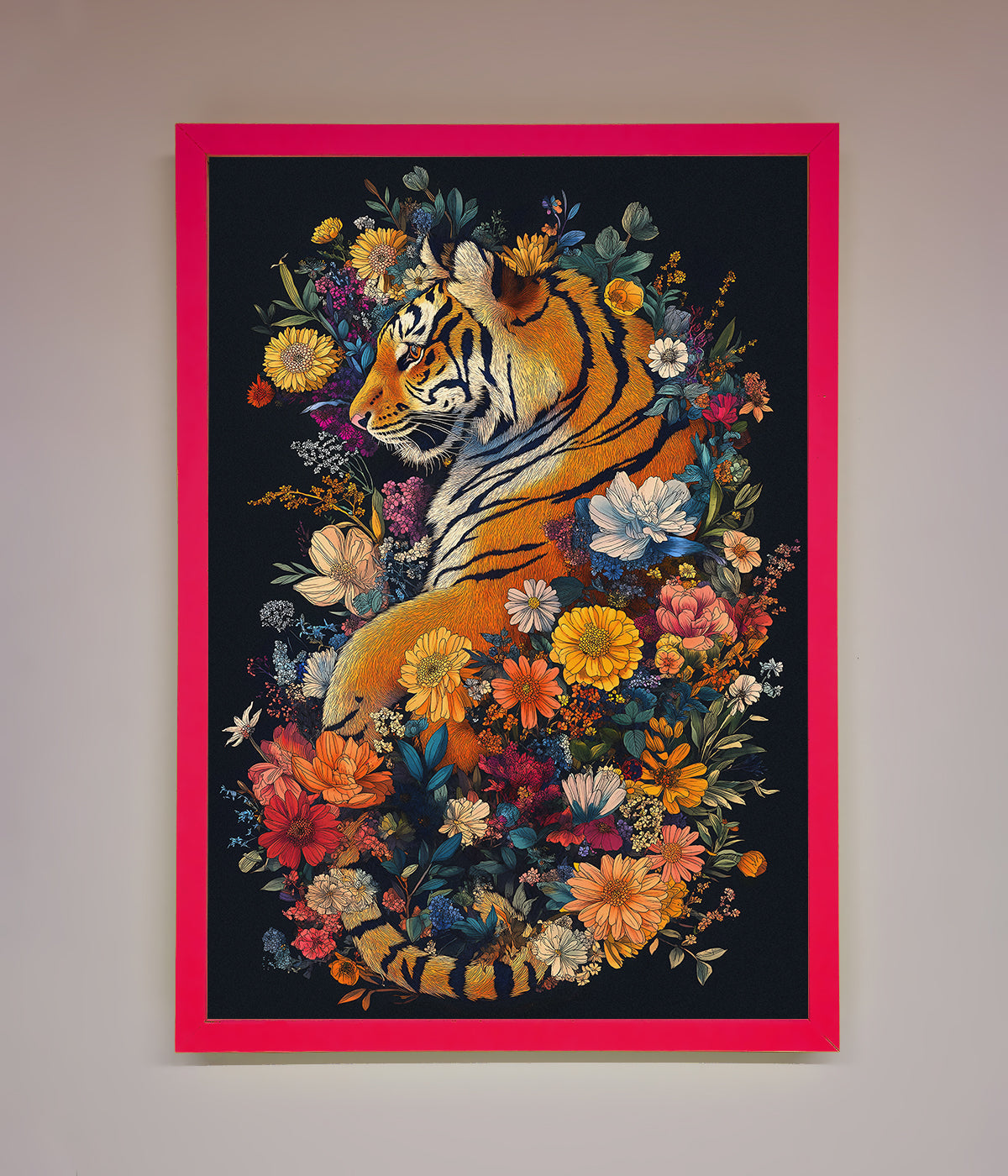 Floral Garden Tiger Framed Wall Art with intricate nature and wildlife design.