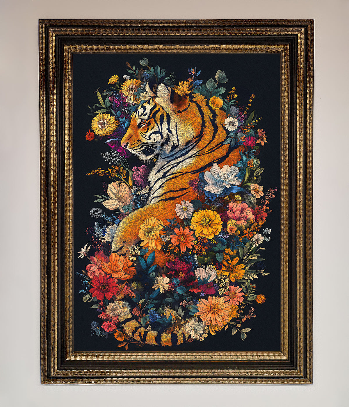 Floral Garden Tiger Framed Wall Art with intricate wildlife and nature design.