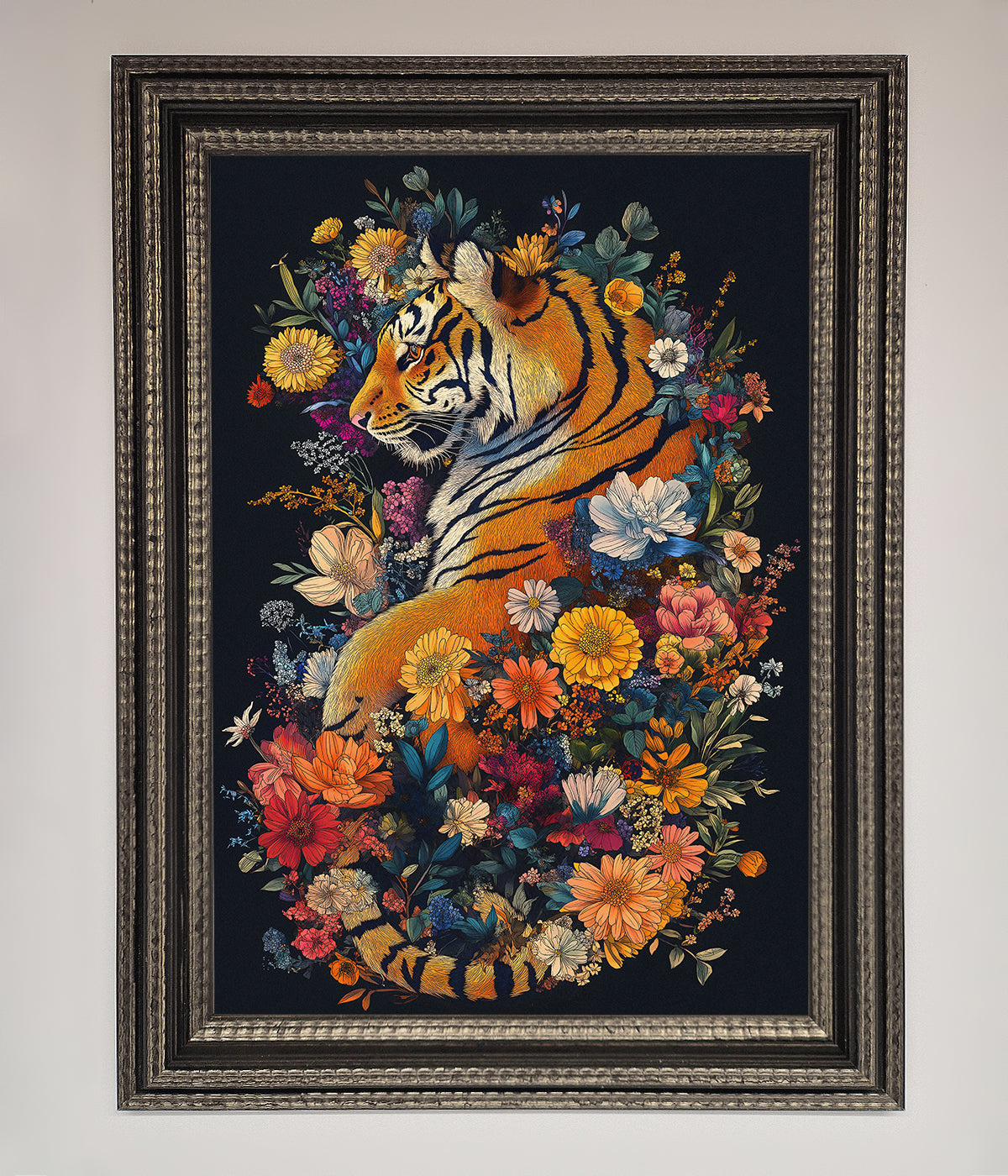 Floral Garden Tiger Framed Wall Art featuring intricate design blending nature and wildlife.