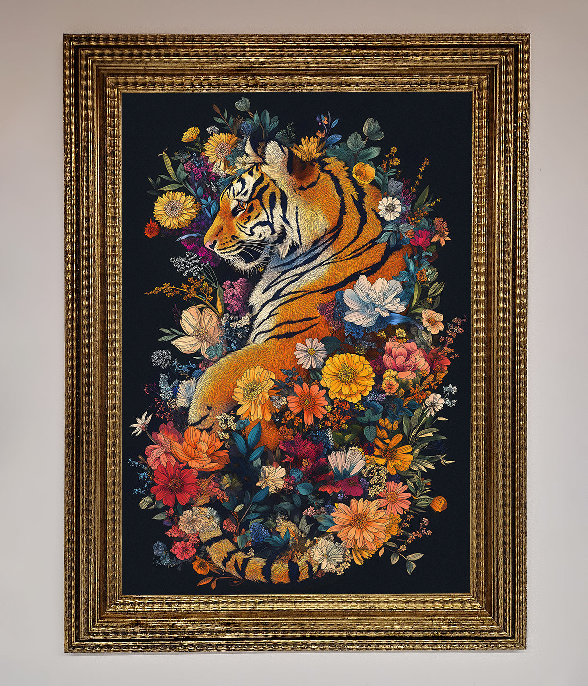 Floral Garden Tiger Framed Wall Art featuring intricate wildlife and floral design.