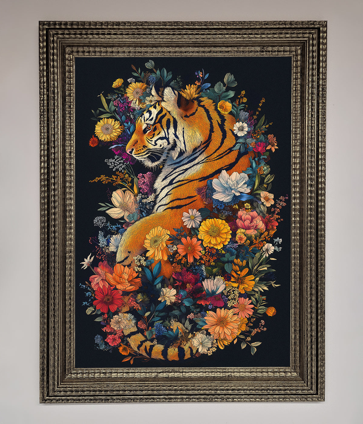 Floral Garden Tiger framed wall art featuring vibrant flowers and wildlife.