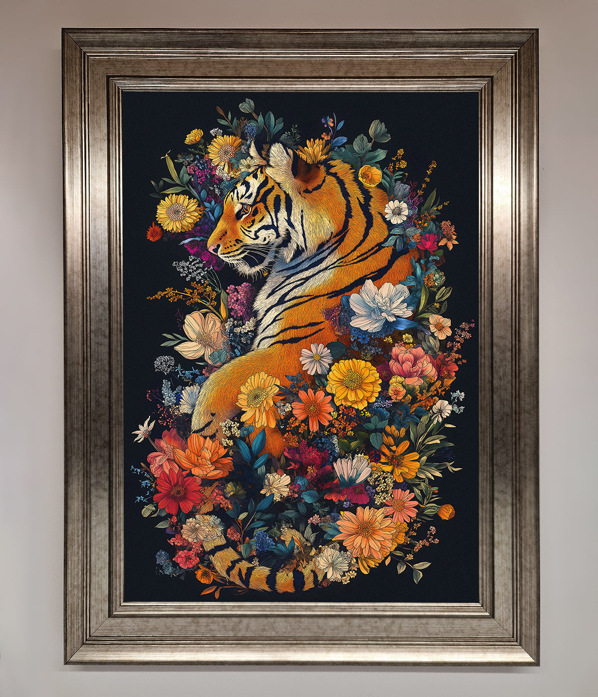 Floral Garden Tiger Framed Wall Art with vibrant flowers and tiger design.