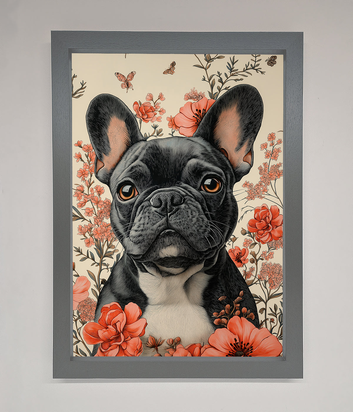 French Bulldog In Flowers Framed Print print