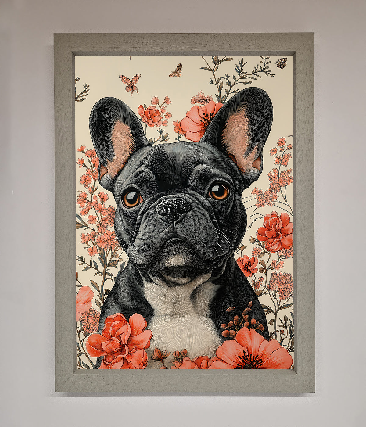 French Bulldog In Flowers Framed Print print