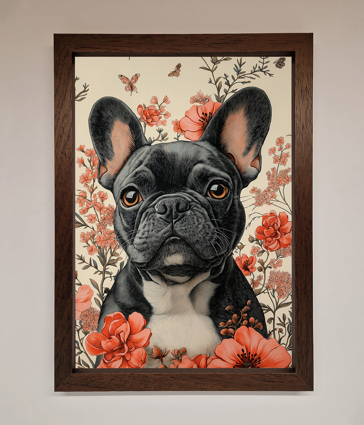 French Bulldog In Flowers Framed Print print