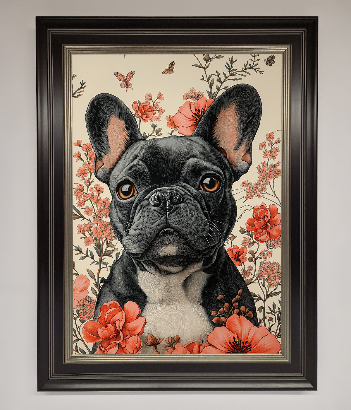 French Bulldog In Flowers Framed Print print