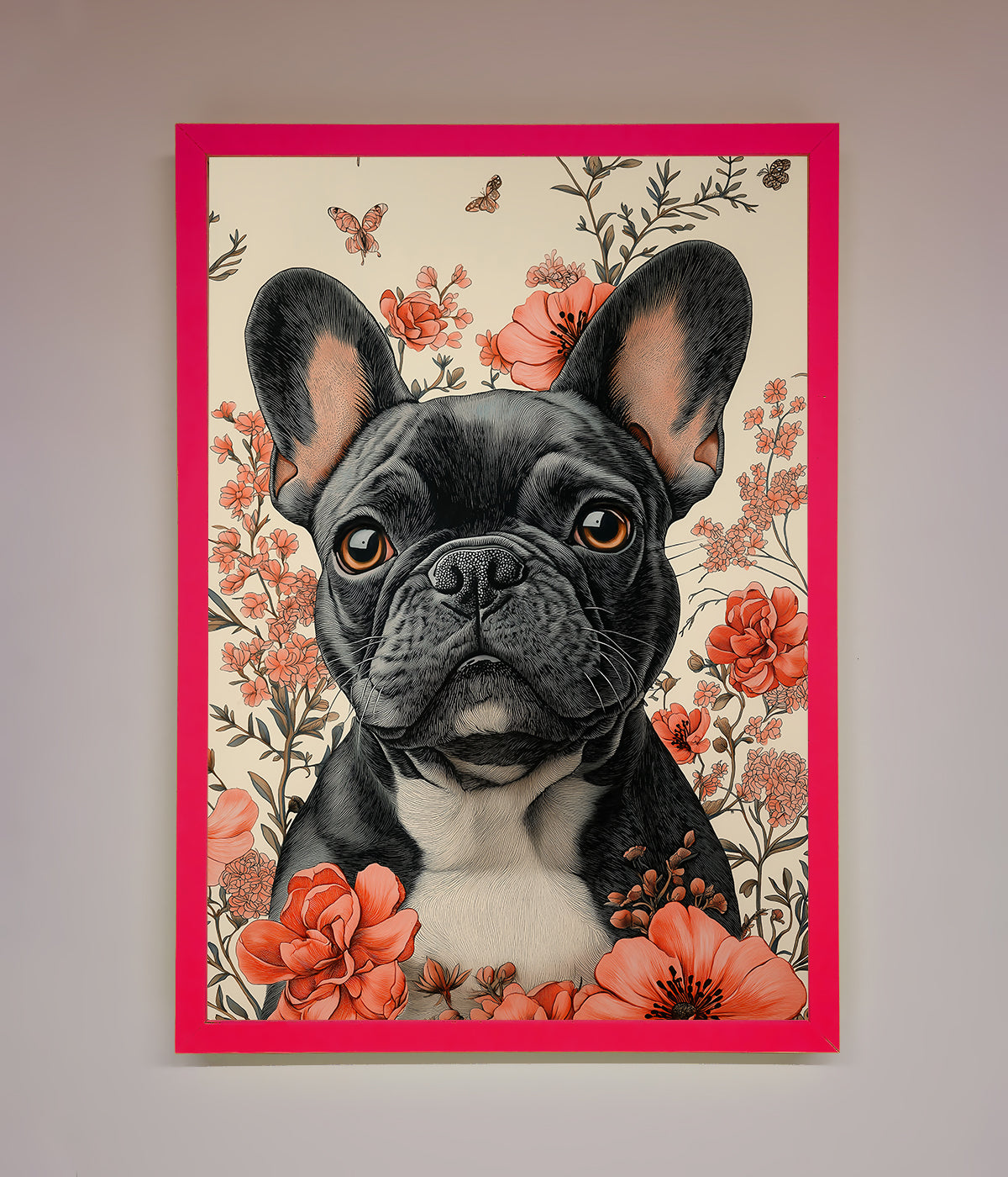 French Bulldog In Flowers Framed Print print