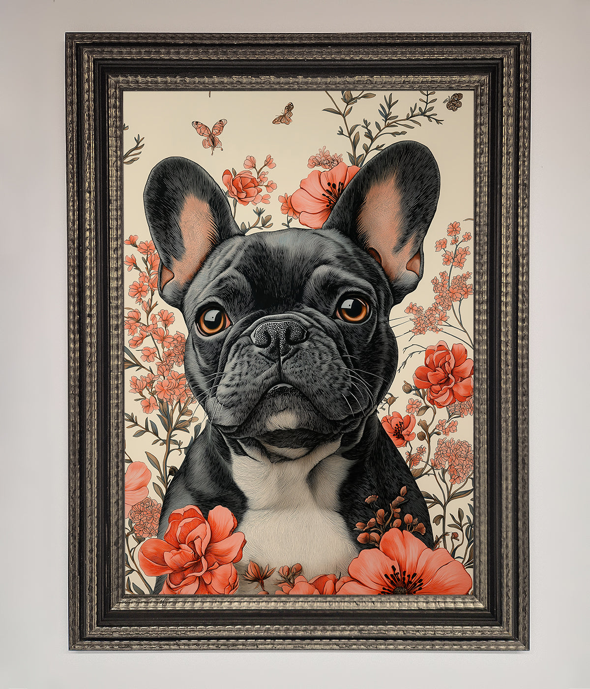 French Bulldog In Flowers Framed Print print