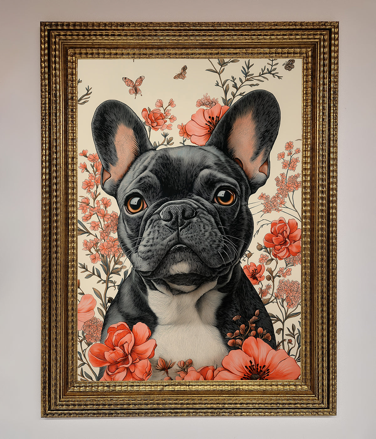 French Bulldog In Flowers Framed Print print