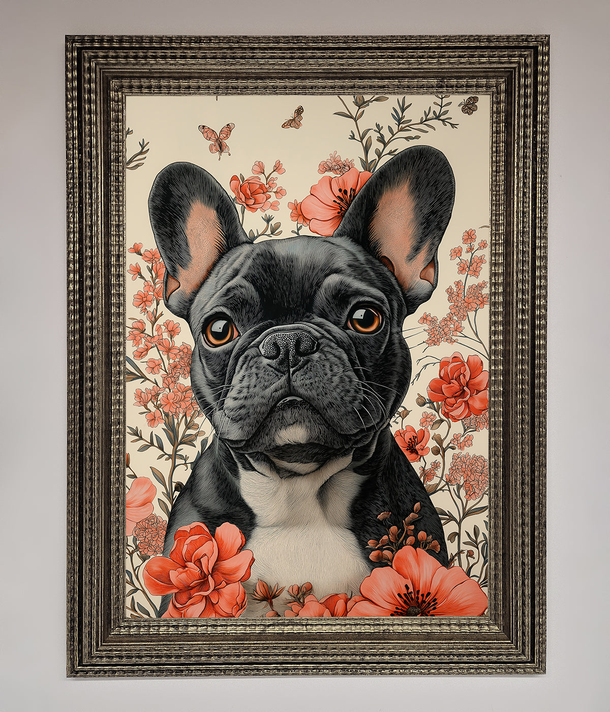 French Bulldog In Flowers Framed Print print