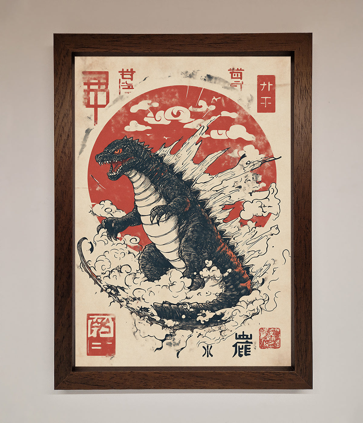 Godzilla Rises Red Sun Framed Poster print