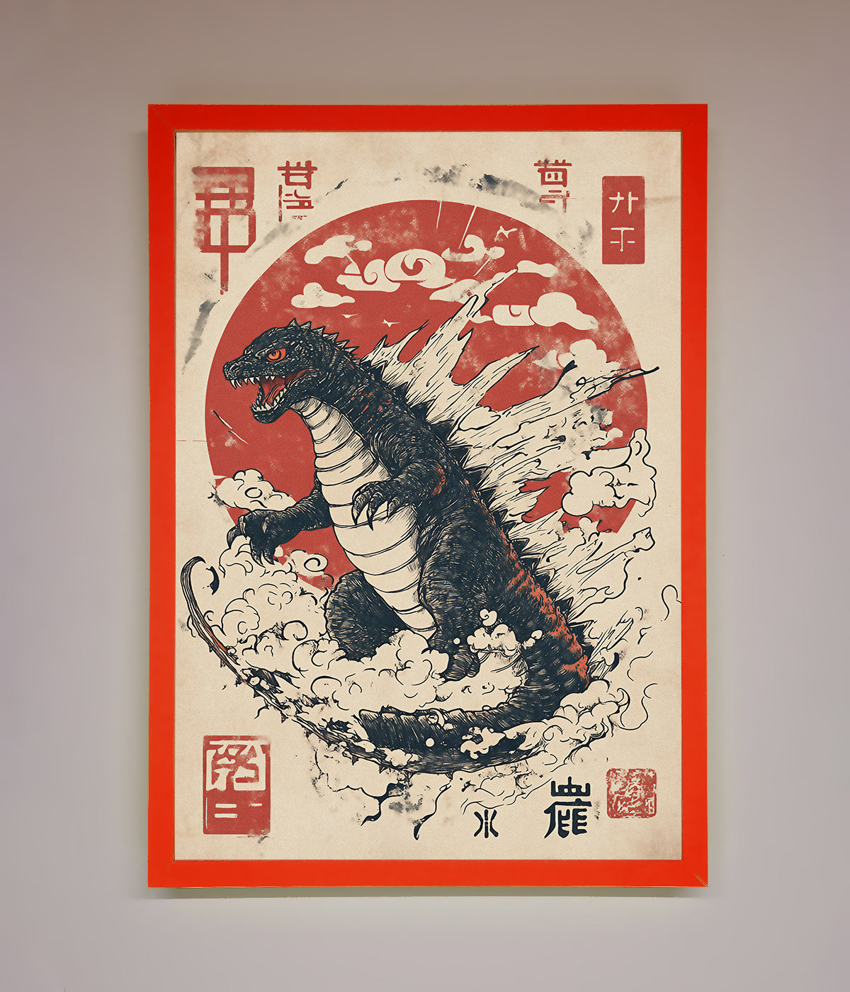 Godzilla Rises Red Sun Framed Poster print