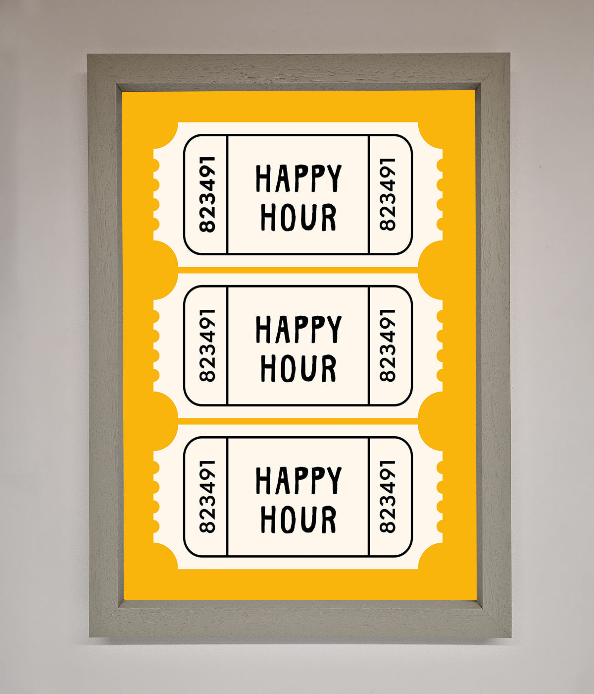 Happy Hour Mustard Framed Wall Art with vibrant yellow background and ticket design.