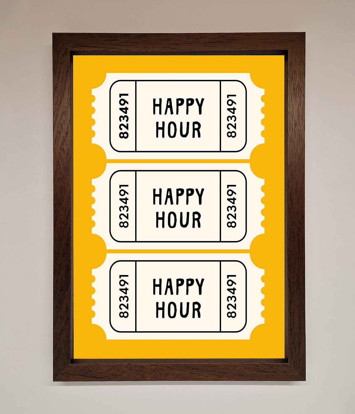 Happy Hour Mustard Framed Wall Art with ticket design in brown wood frame.