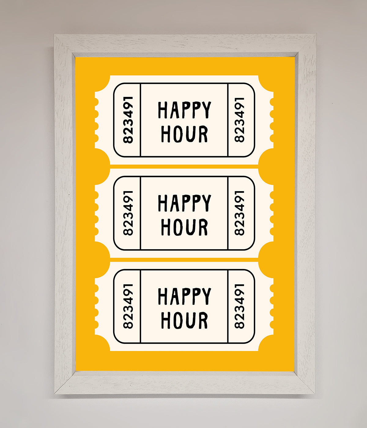 Happy Hour Mustard Framed Wall Art with ticket design, vibrant home decor.