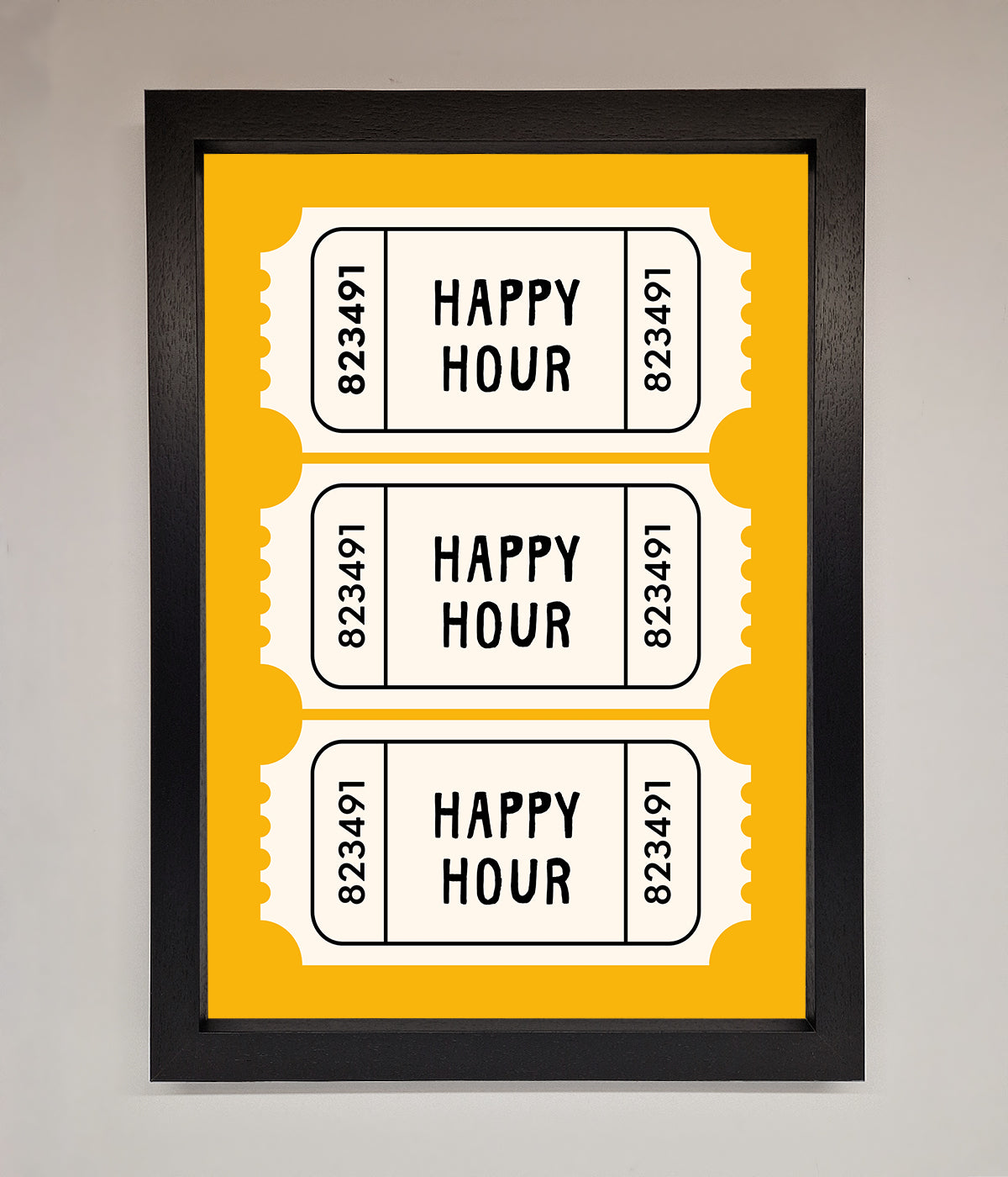 Happy Hour Mustard Framed Wall Art with vibrant yellow design and ticket motif.