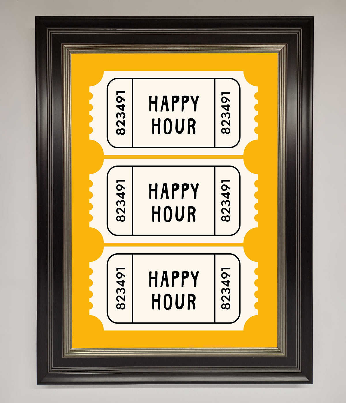 Happy Hour Mustard Framed Wall Art with vibrant design and customizable options.