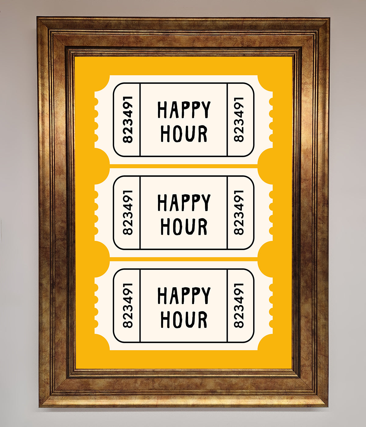 Happy Hour Mustard Framed Wall Art with three vintage-style ticket designs.