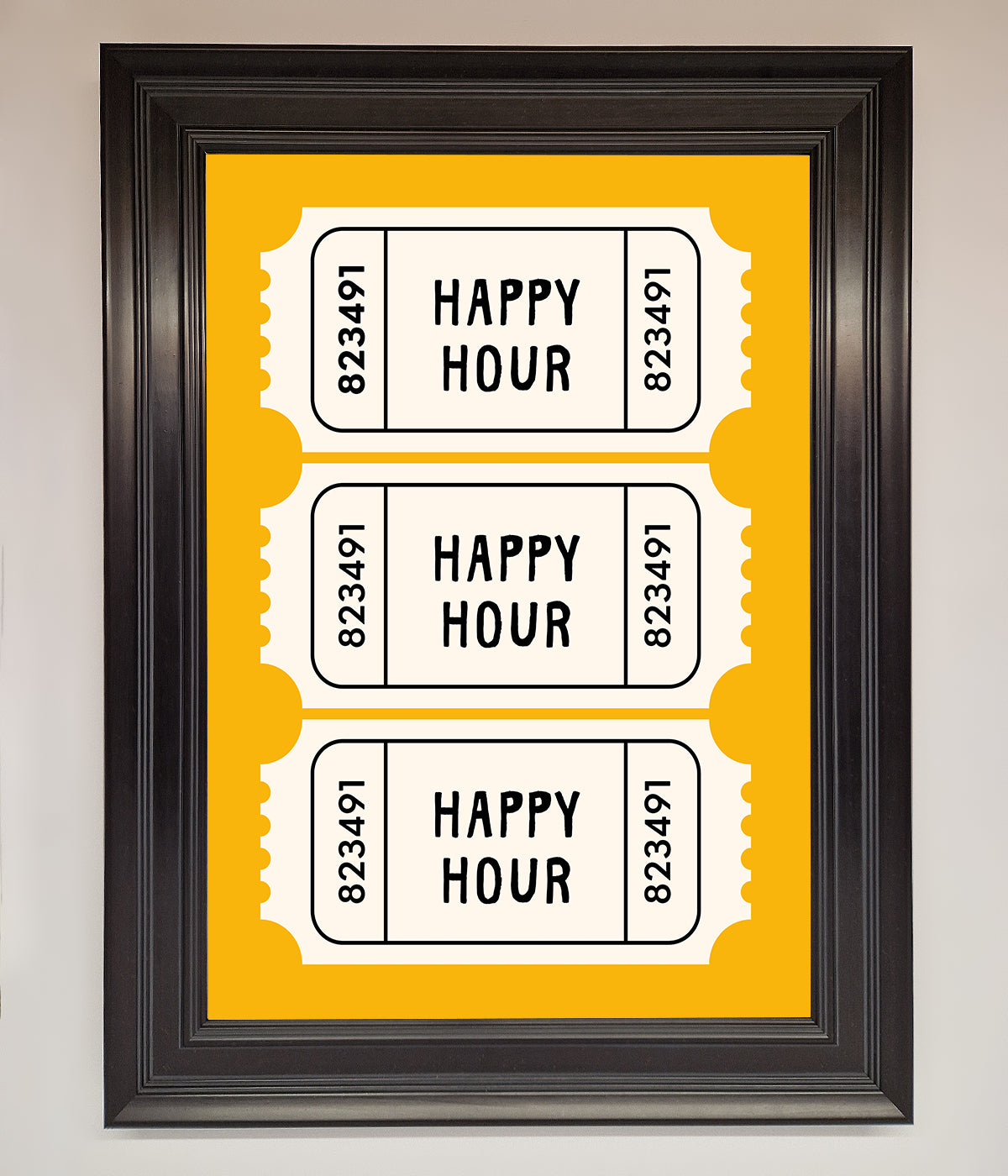 Happy Hour Mustard Framed Wall Art with ticket design, vibrant decor piece.