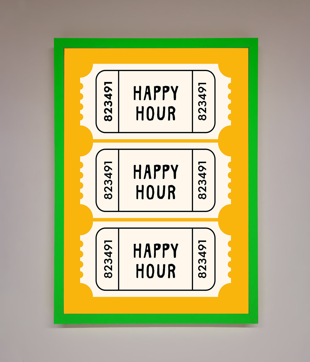 Happy Hour Mustard Framed Wall Art in green and mustard yellow with ticket design.