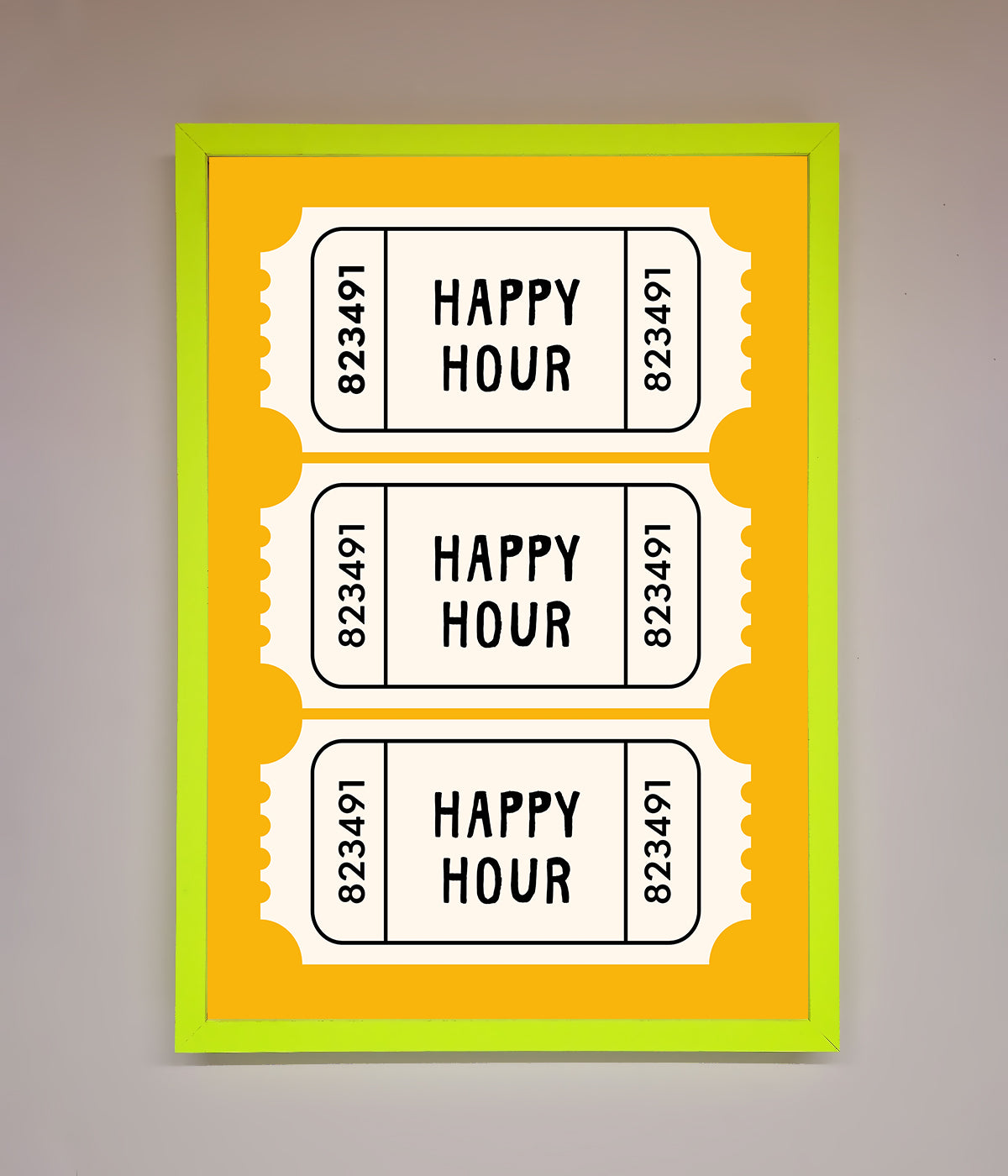 Happy Hour Mustard Framed Wall Art with vibrant ticket design for home decor.