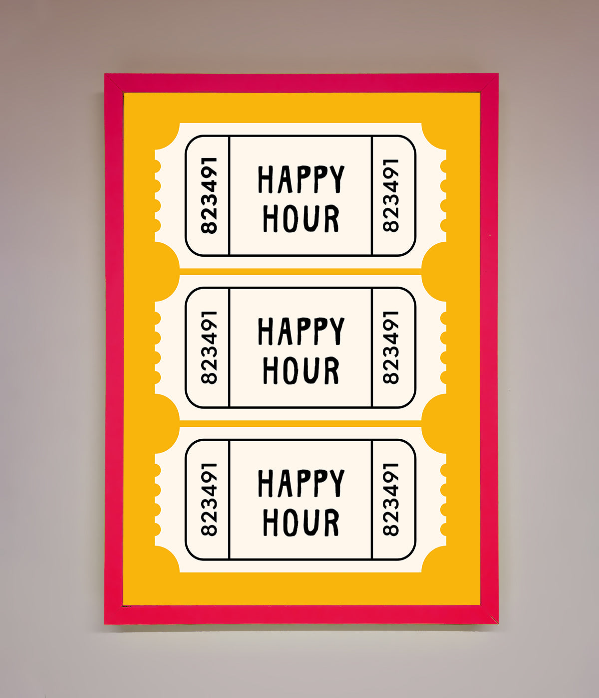 Happy Hour Mustard Framed Wall Art with ticket design, bright yellow and red frame.