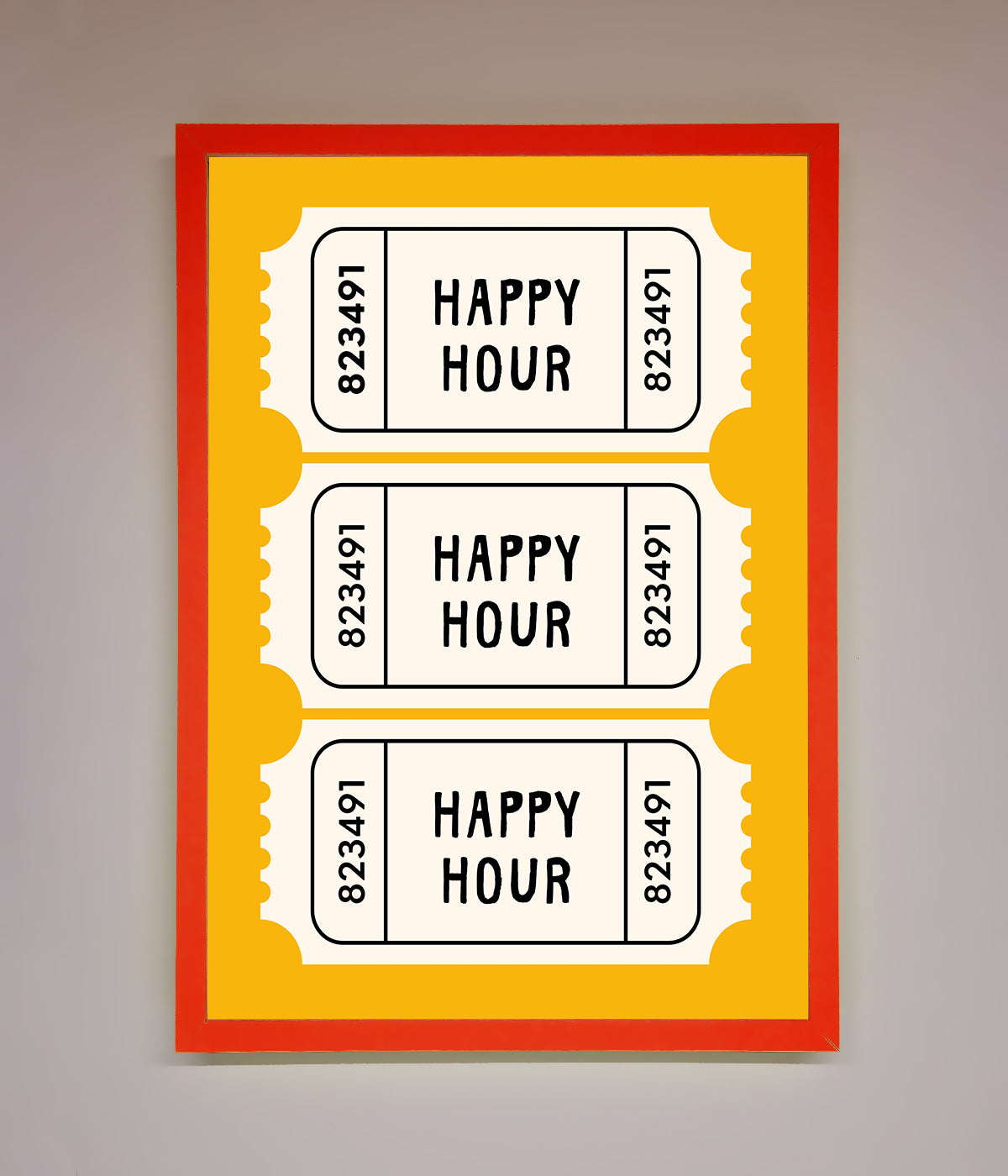 Happy Hour Mustard Framed Wall Art featuring vibrant ticket design.