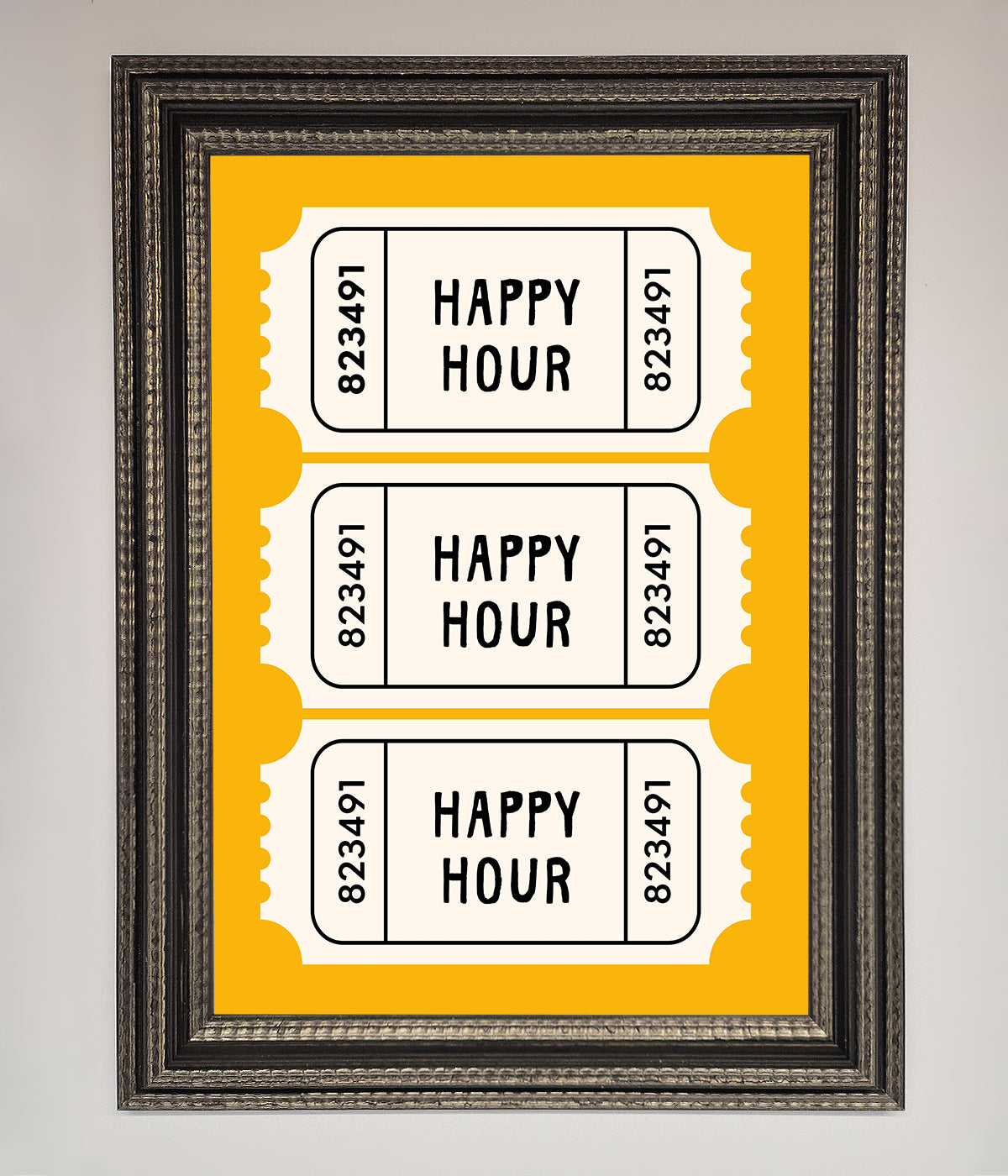 Happy Hour Mustard Framed Wall Art with ticket design and customizable frames.