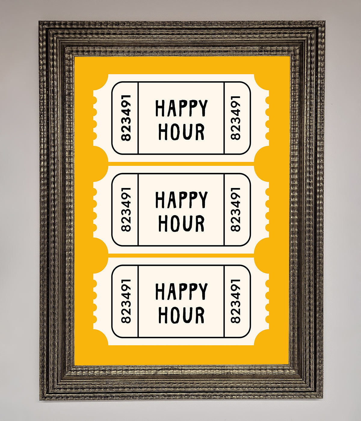 Happy Hour Mustard Framed Wall Art with vibrant yellow background and ticket design.