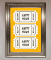 Happy Hour Mustard framed wall art with vibrant ticket design.