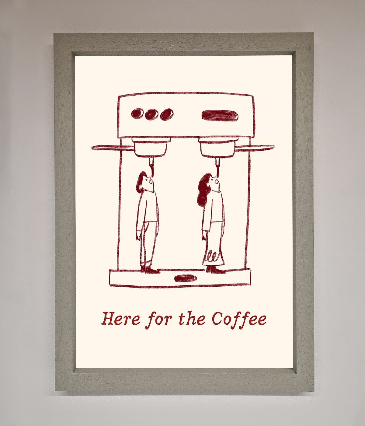 Here For The Coffee framed print with whimsical design for coffee lovers.