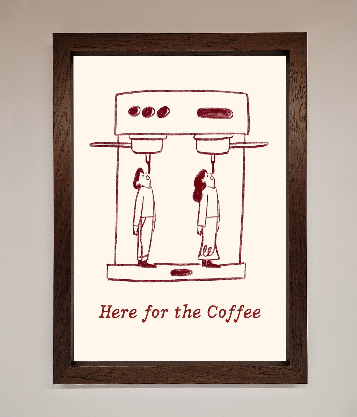 Here For The Coffee framed print with humorous coffee design in elegant frame.