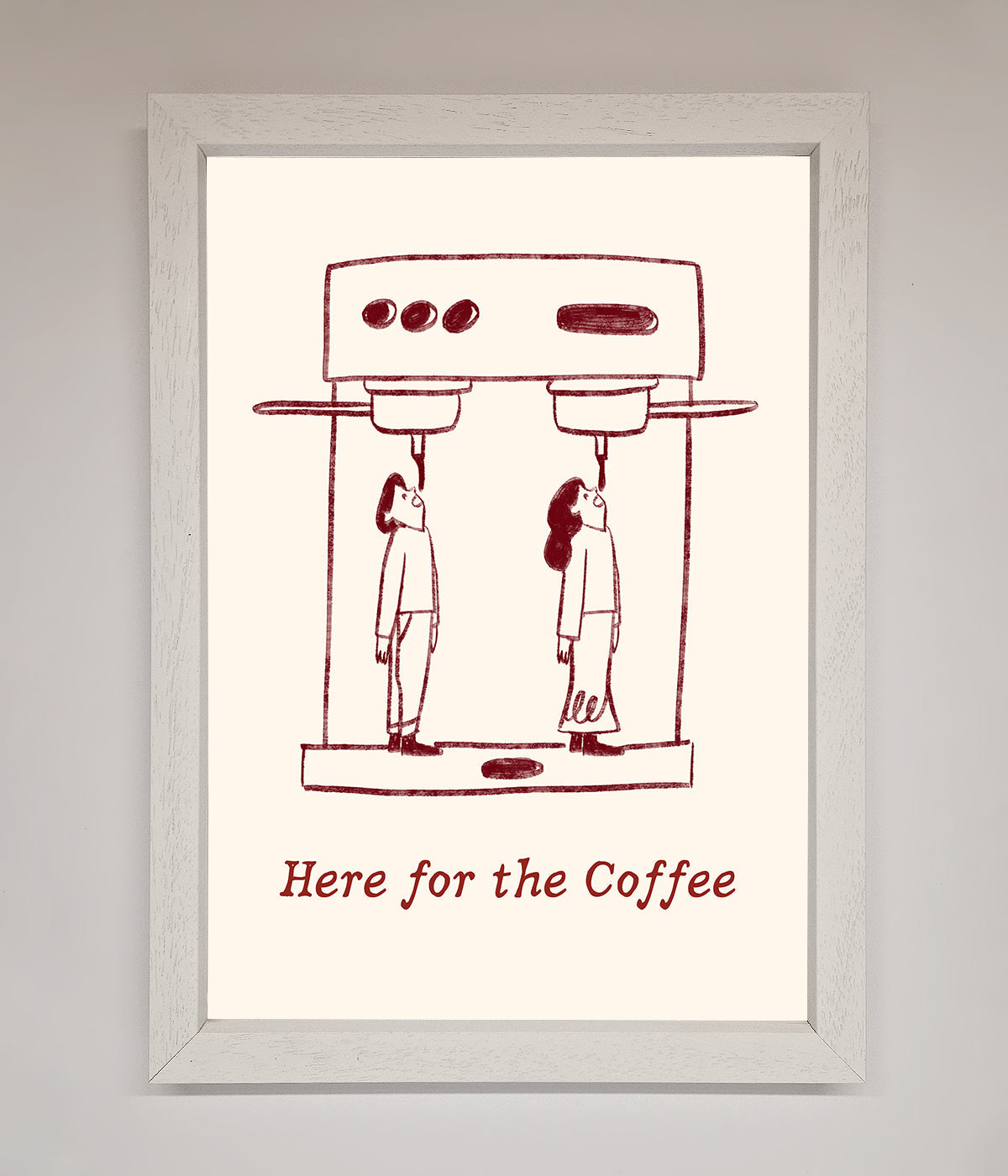 "Here For The Coffee" framed print with humorous coffee-themed artwork in a stylish frame.