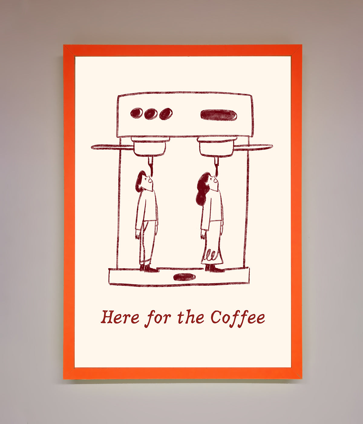 Here For The Coffee framed print with humorous design and elegant frame options.