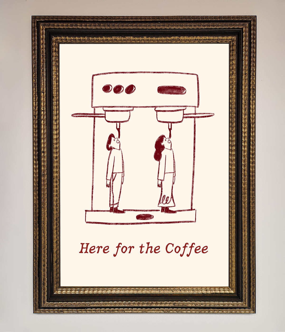 Here For The Coffee Framed Print with elegant design for home or office decor.