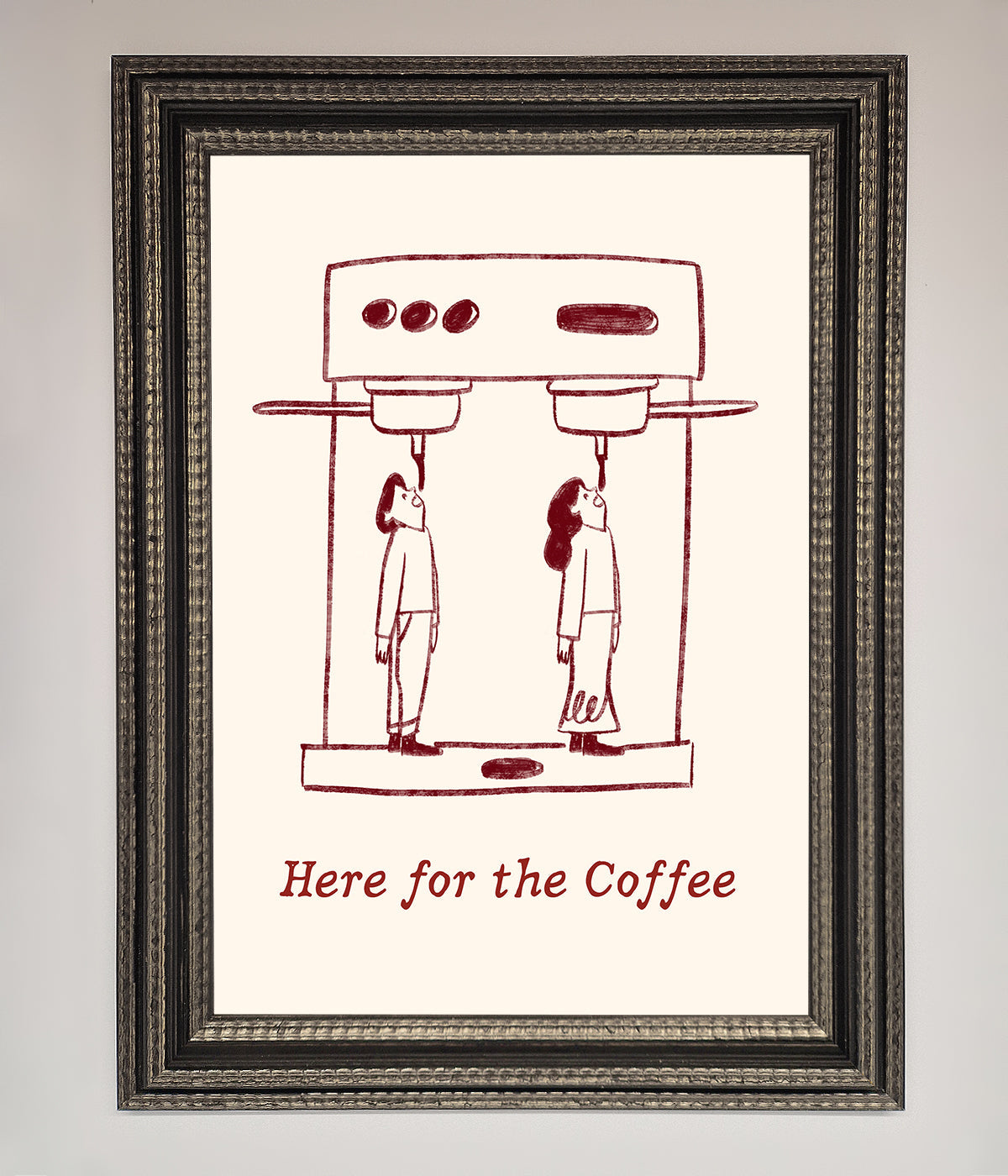 Here For The Coffee Framed Print with coffee-themed artwork in elegant frame.