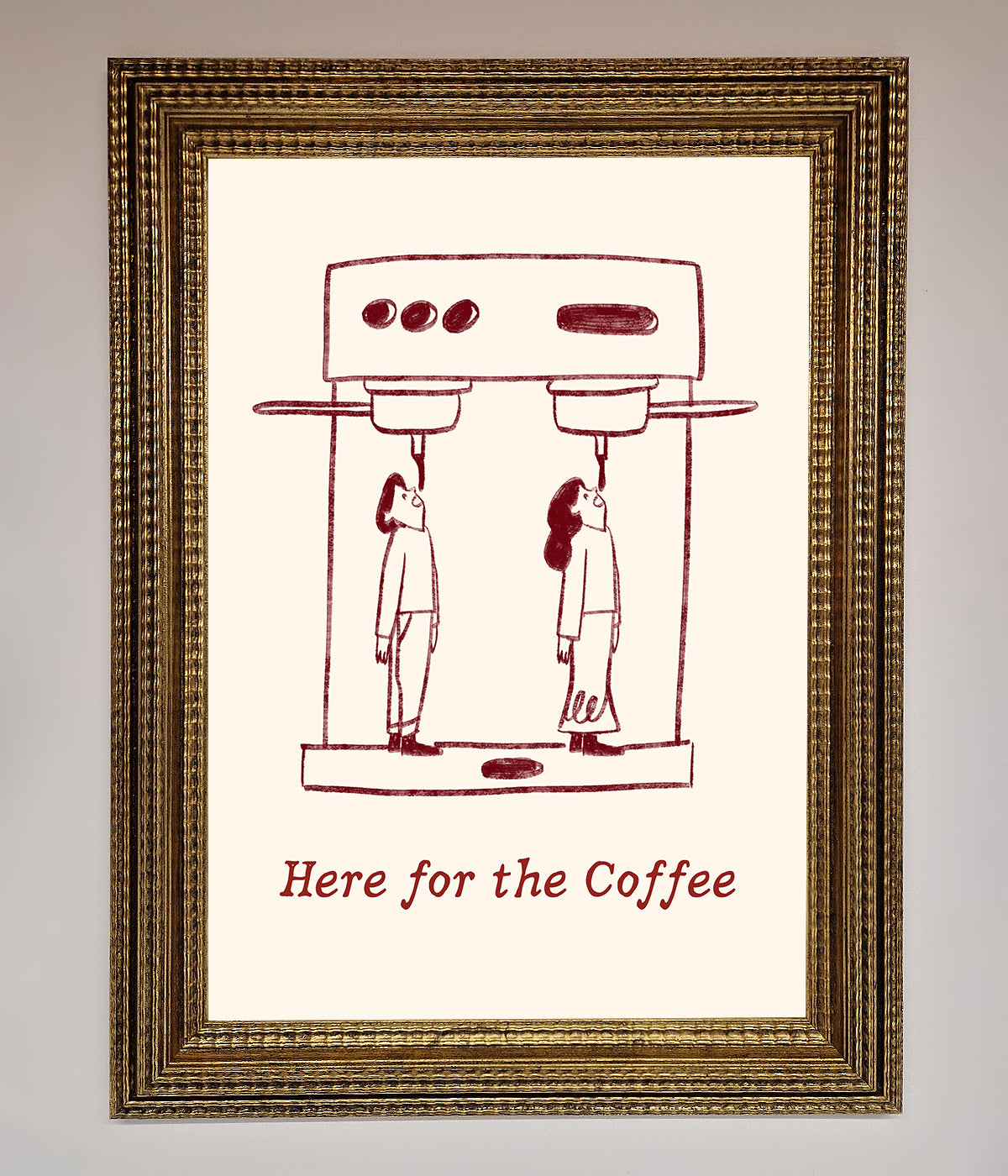 Here For The Coffee framed print with humorous coffee-themed artwork in an elegant frame.