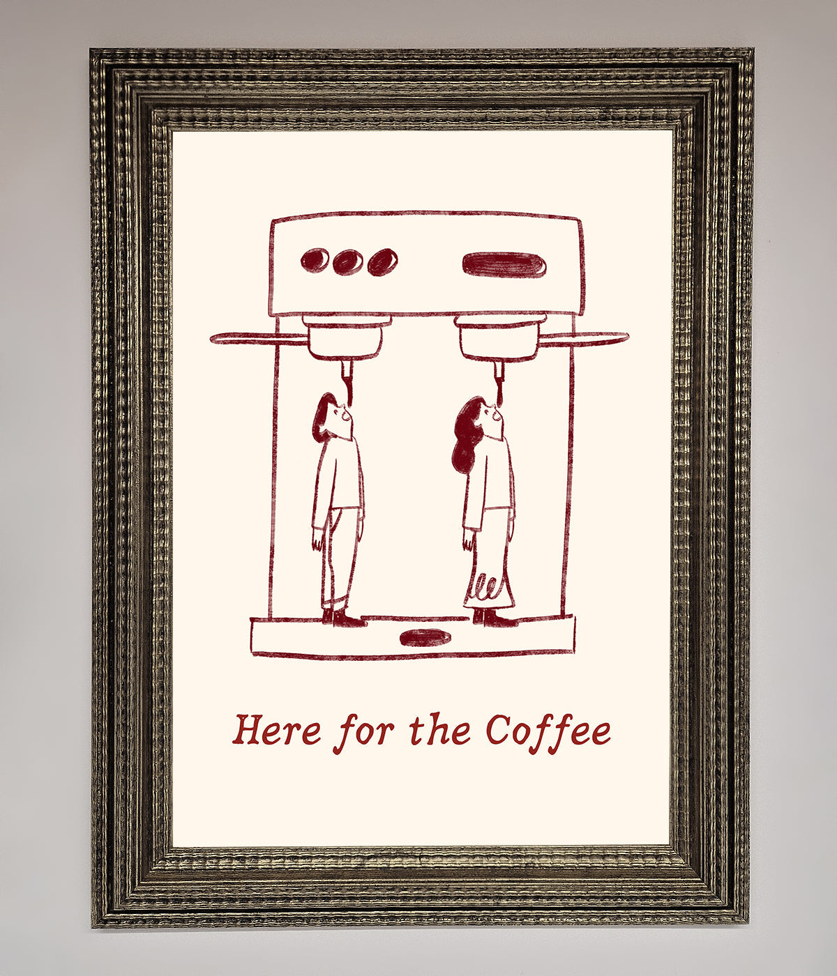 Here For The Coffee framed print with humorous coffee-themed artwork, ideal for home or office decor.