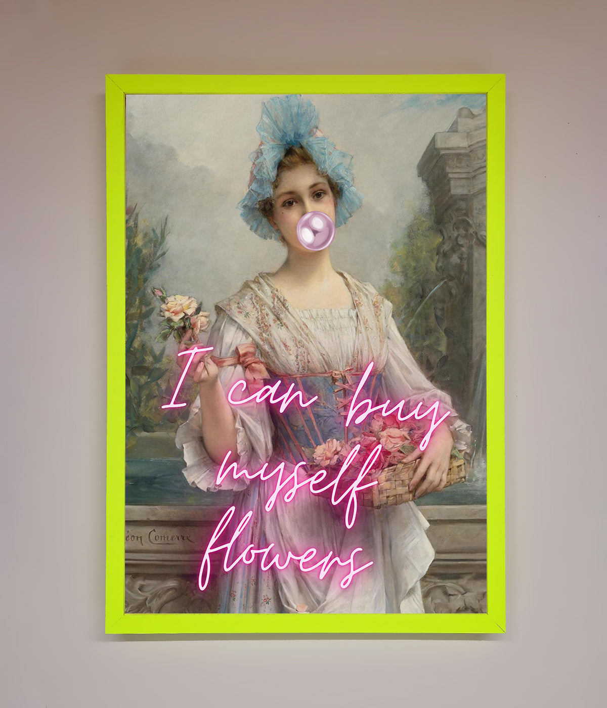 I Can Buy Myself Flowers framed print with vintage portrait and neon text.